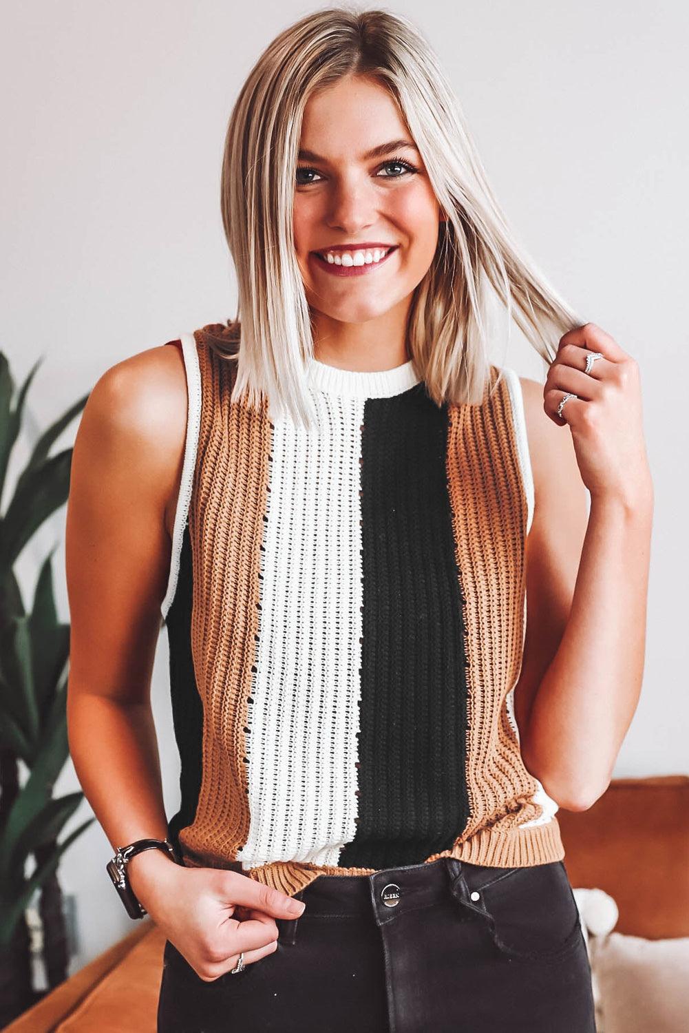 Khaki Stripe Color Block Sleeveless Knitted Sweater Vest - L & M Kee, LLC