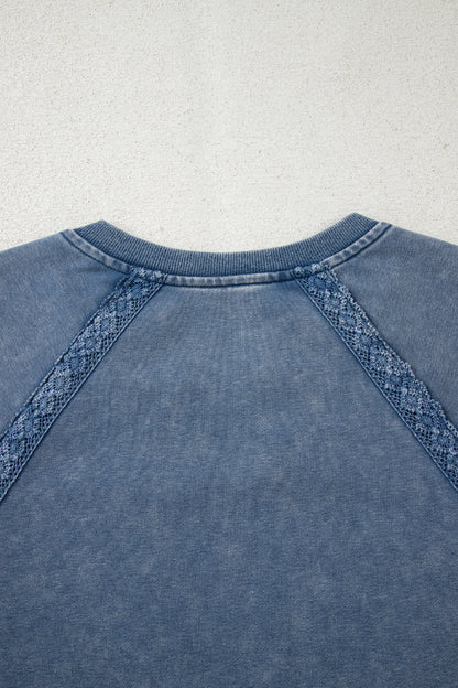 Sail Blue Lace Patchwork Detail Notched Neck Mineral Wash Baggy Sweatshirt