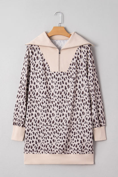 Khaki Leopard Print Zip up Collar Patchwork Shift Mini Dress