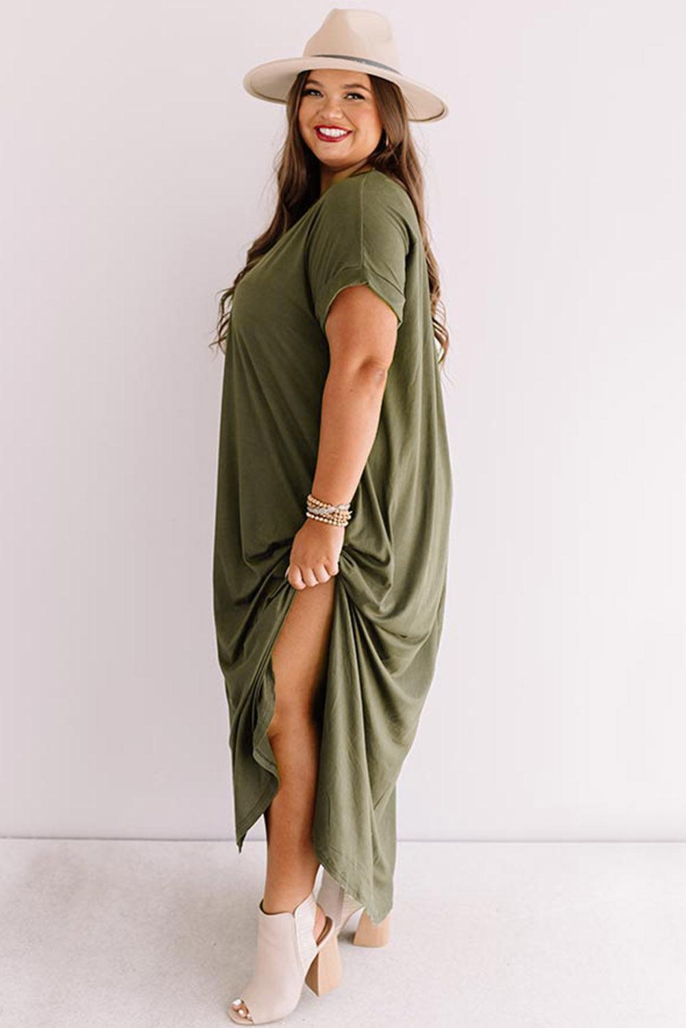 Plus Size V Neck Rolled Cuffs Maxi Dress - L & M Kee, LLC