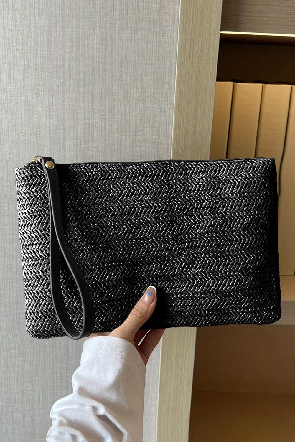 Black Straw Woven Wrist Strap Zipper Large Wallet - L & M Kee, LLC