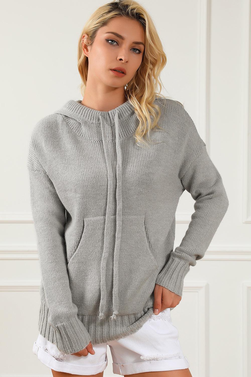 Gray Cowl Neck Drawstring Pullover Hooded Sweater - L & M Kee, LLC