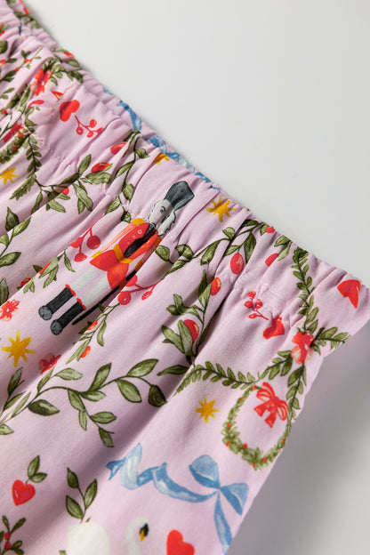 Pink Christmas Holiday Print Nutcracker Long Sleeve Shorts 2pcs Pajama Set