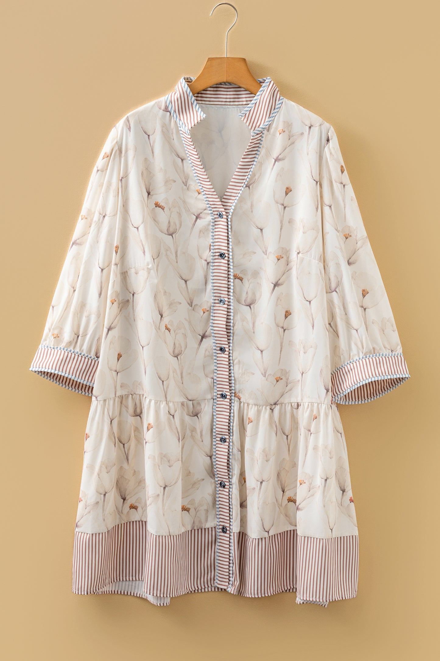 Khaki Plus Size Floral Print Striped Trim Patchwork Button Down A-line Dress