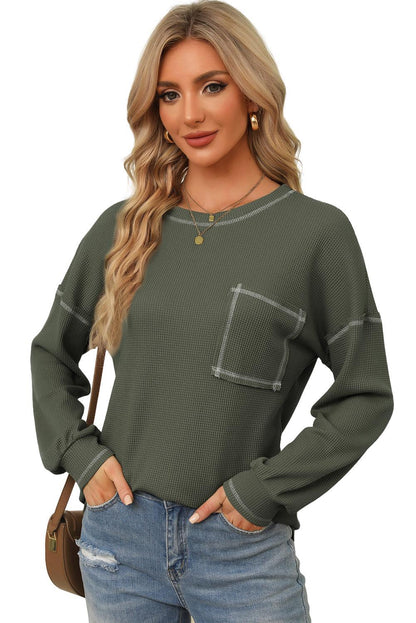 Mist Green Contrast Exposed Stitching Waffle Knit Blouse - L & M Kee, LLC