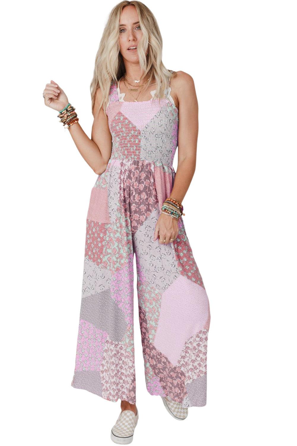 Multicolor Irregular Patchwork Print Smocked Wide Leg Jumpsuit - L & M Kee, LLC