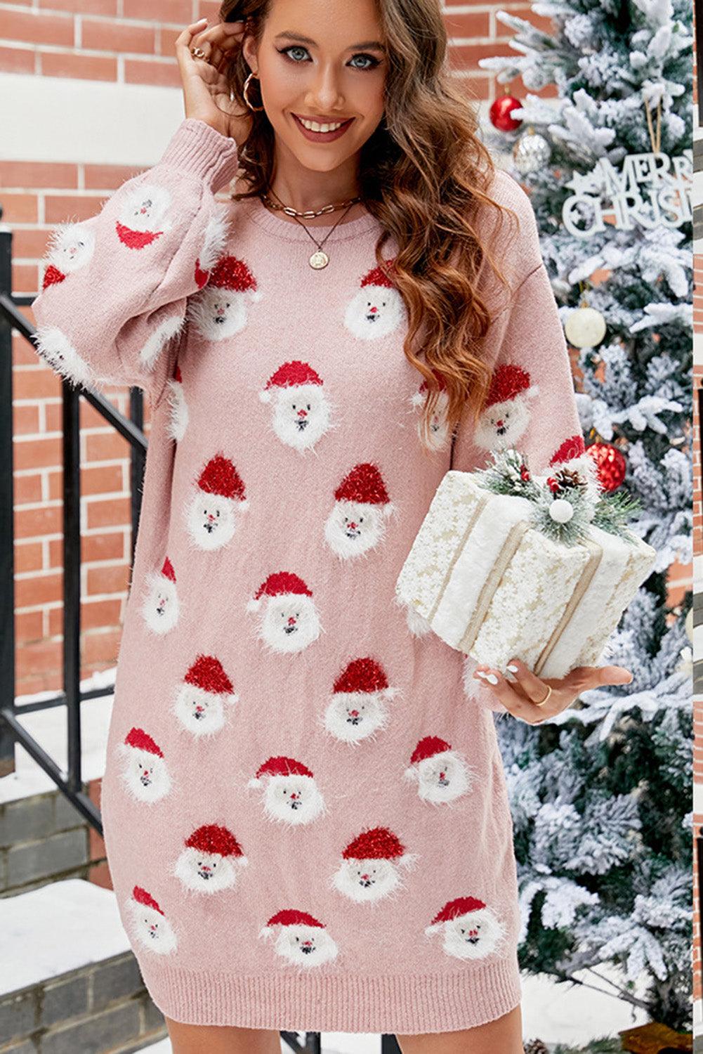 Light Pink Fuzzy Christmas Santa Clause Sweater Dress - L & M Kee, LLC