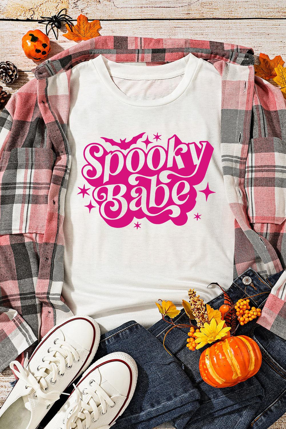 White Spooky Babe Bat Print Halloween Crewneck T Shirt - L & M Kee, LLC