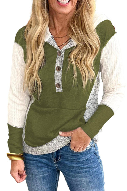 Jungle Green Color Block Textured Buttoned Kangaroo Pocket Hoodie - L & M Kee, LLC