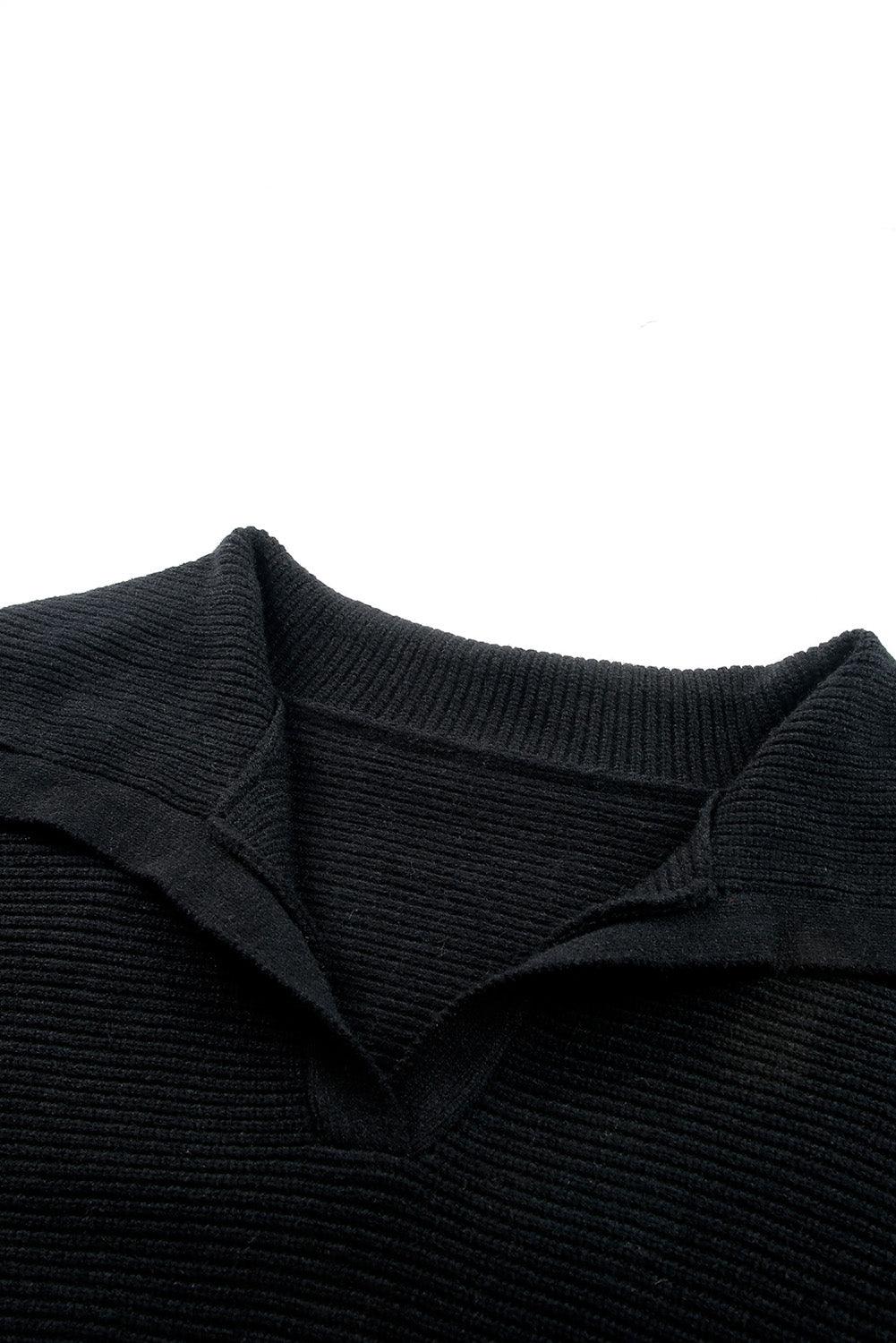 Black Ribbed Knit Lapel Neck Curvy Sweater - L & M Kee, LLC