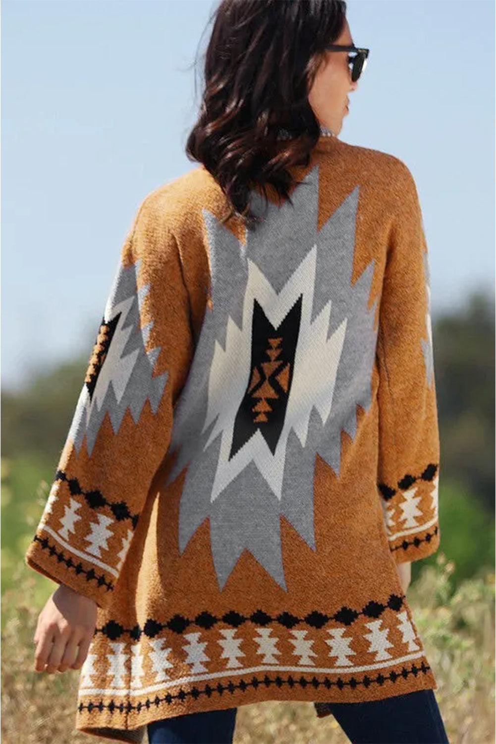 Gold Flame Aztec Graphic Open-Front Cardigan - L & M Kee, LLC