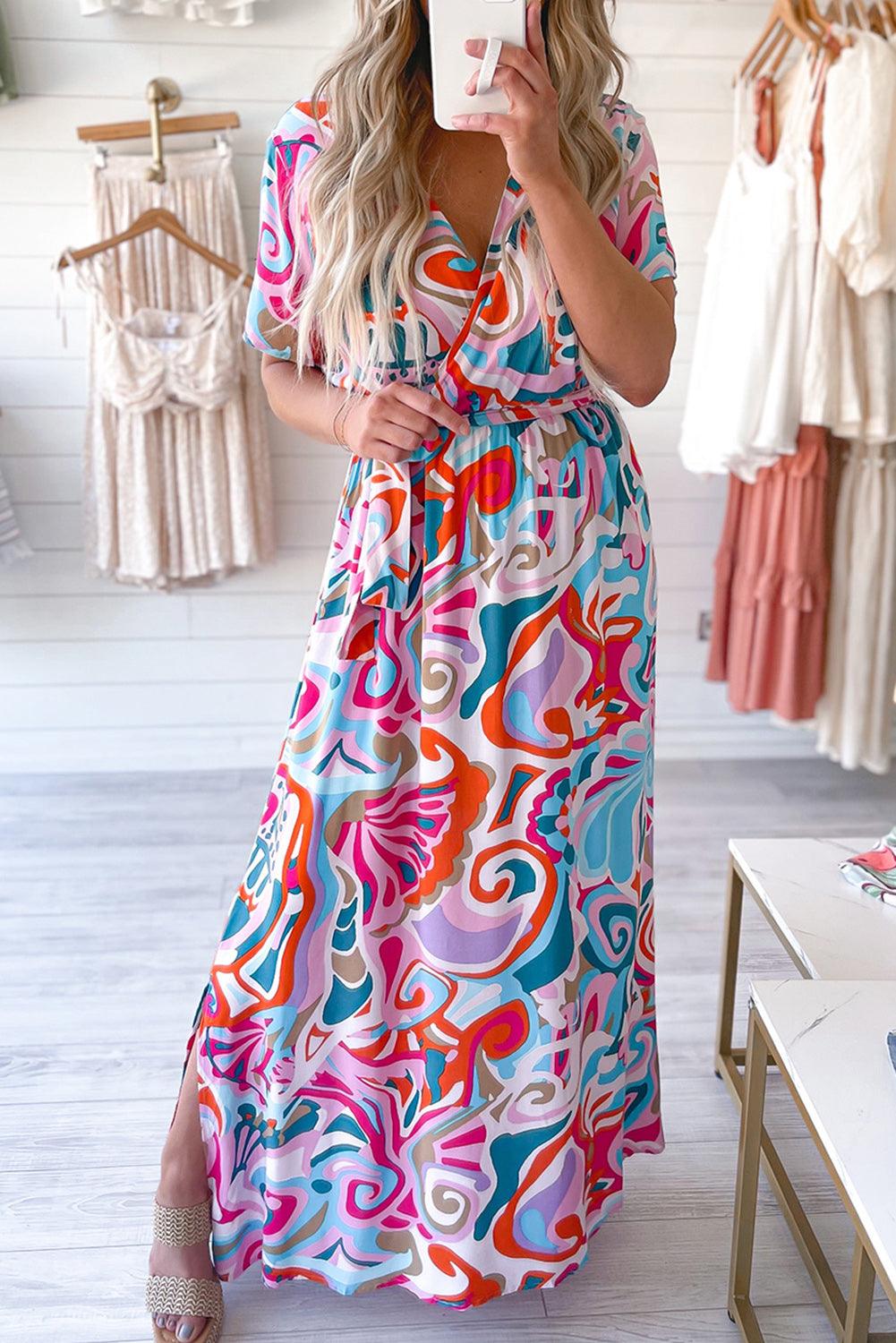 Multicolor Abstract Printed Wrap V Neck Belted Maxi Dress - L & M Kee, LLC