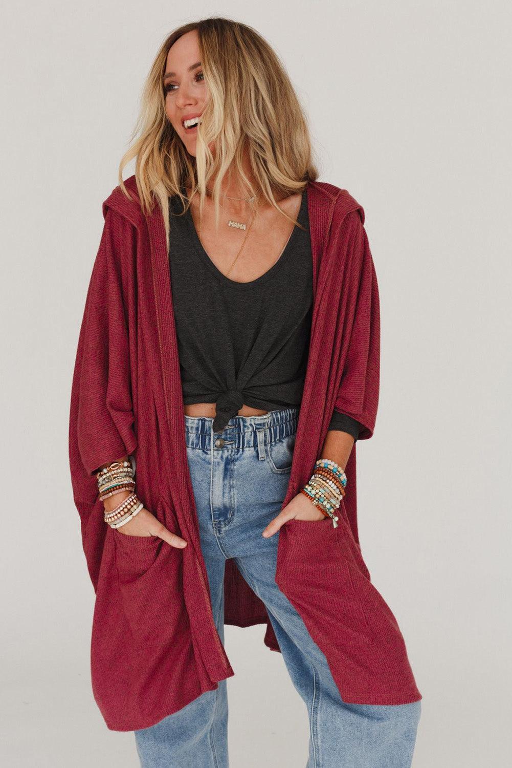 Red Bracelet Sleeve Pocketed Open Front Hooded Cardigan - L & M Kee, LLC