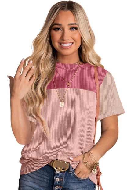 Pink Rib Textured Colorblock T Shirt - L & M Kee, LLC