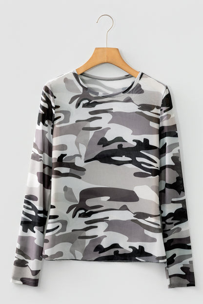 Green Western Fashion Camouflage Print Mesh Long Sleeve Top