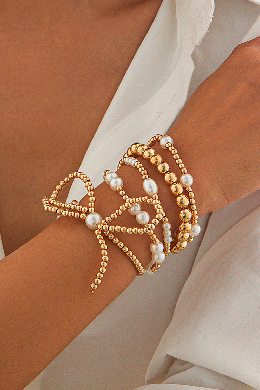 Silvery Bow Knot Pearl Beaded Multi Layered Bracelet Set