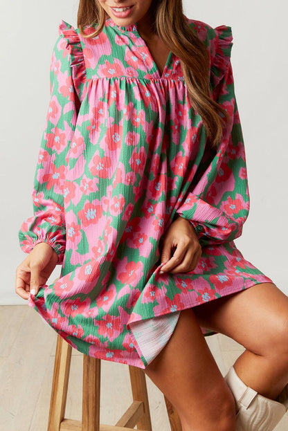 Pink Split V Neck Bubble Sleeve Loose Floral Dress - L & M Kee, LLC