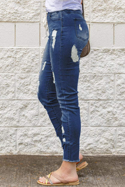 Blank Apparel - Blue Drawstring Elastic Waist Hole Ripped Jeans - L & M Kee, LLC