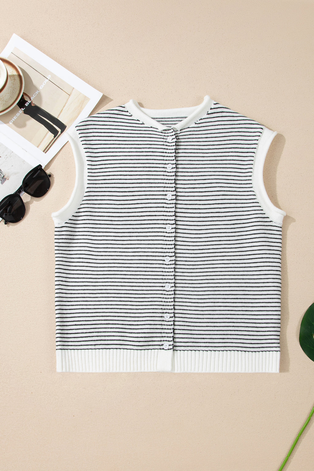 Black Stripe Contrast Trim Cap Sleeve Button Down Casual Cardigan