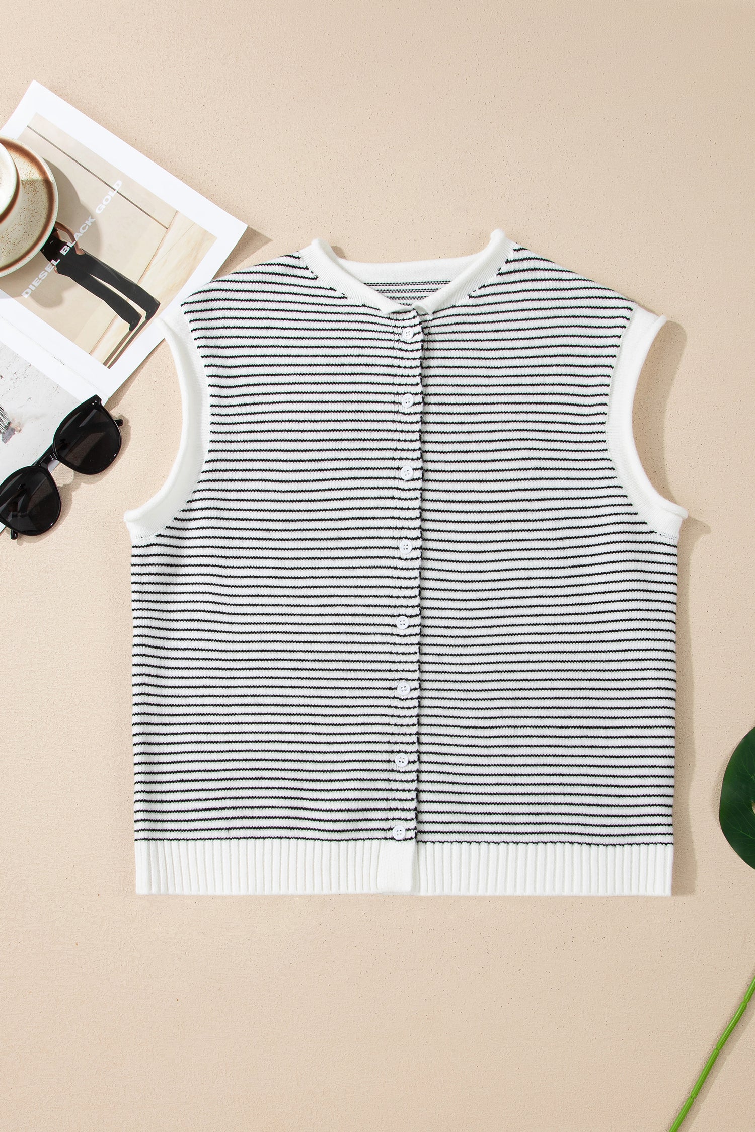 Black Stripe Contrast Trim Cap Sleeve Button Down Casual Cardigan