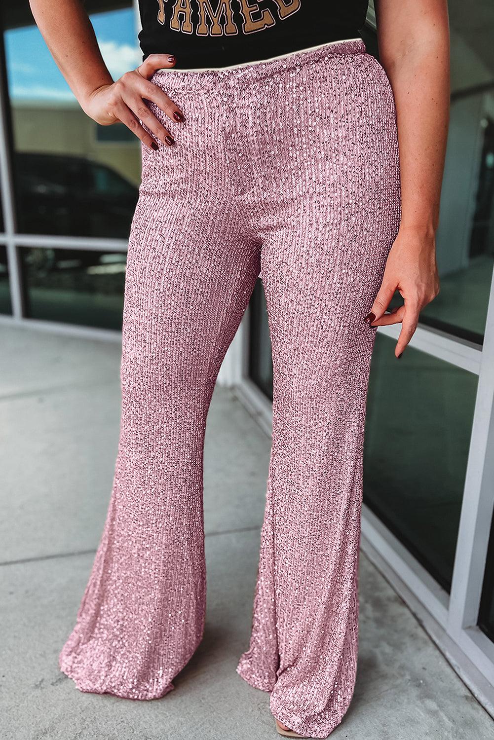 Pink Shiny Sequin Plus Size Flowy Flare Pants - L & M Kee, LLC