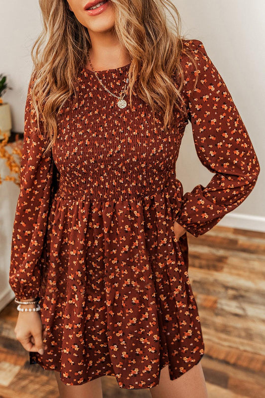 Brown Floral Smocked Bodice Mini Dress - L & M Kee, LLC