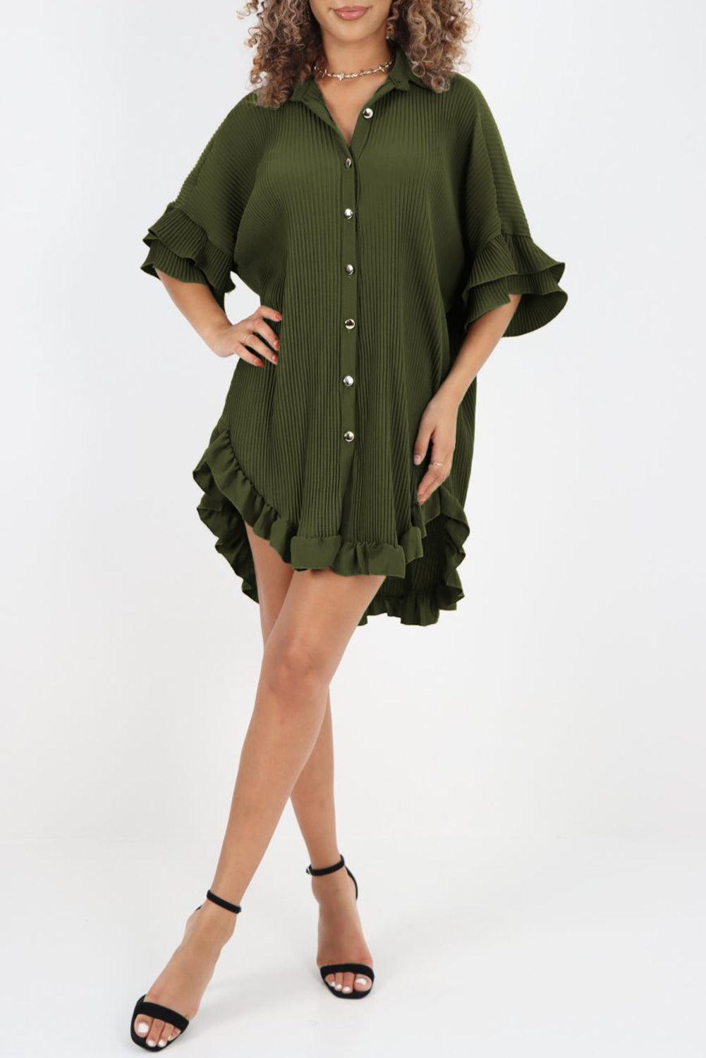 Moss Green High-low Hem Ruffle Sleeve Pleated Shirt Dress - L & M Kee, LLC