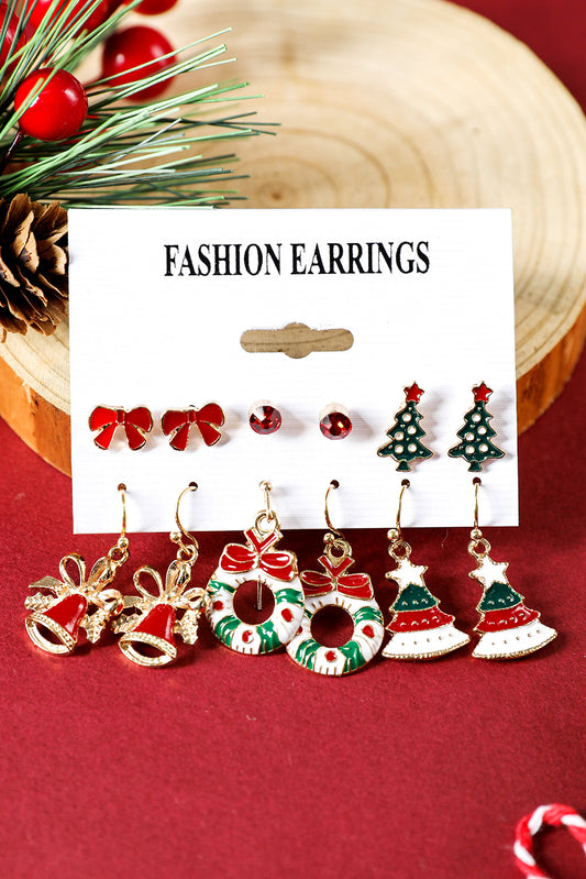 Racing Red 6 Pairs/Set Christmas Tree Wreath Bell Bow Knot Earring Set