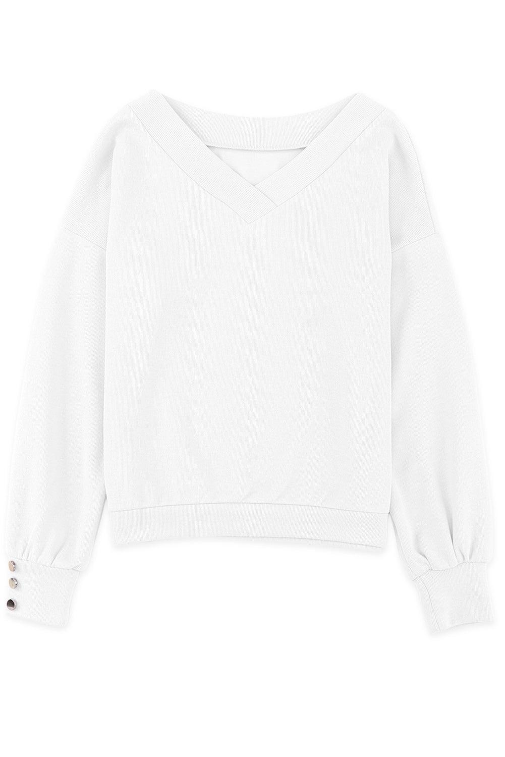 White Knitted V Neck Buttoned Cuffs Sweater - L & M Kee, LLC