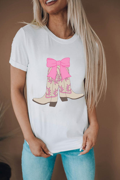 White Western Boots Bow Print Round Neck T Shirt - L & M Kee, LLC