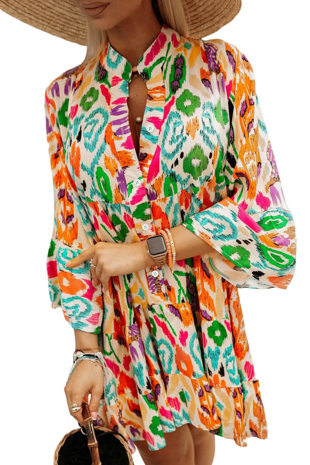 Abstract Floral Print Long Sleeve Buttoned Mini Dress - L & M Kee, LLC