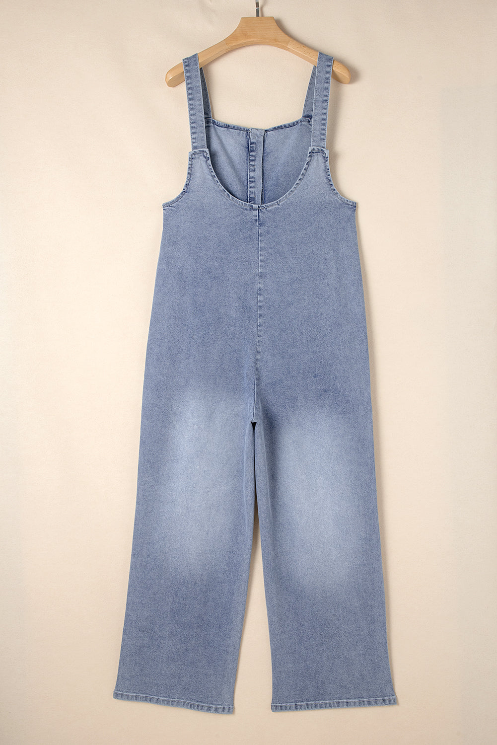 Stone Blue Washed Denim Half Buttons Patched Pocket Wide Leg Overalls