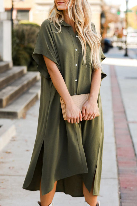 Jungle Green Loose High Low Side Slits Short Sleeve Shirt Dress - L & M Kee, LLC