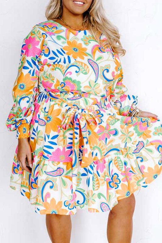 Orange Paisley Floral Print Belted Plus Size Dress - L & M Kee, LLC