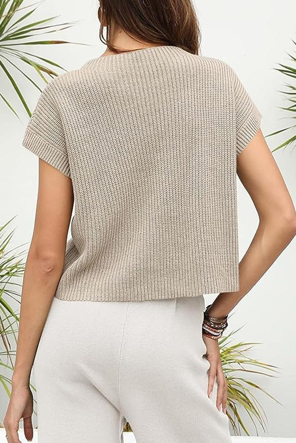 Pale Khaki Patch Pocket Short Sleeve Sweater - L & M Kee, LLC