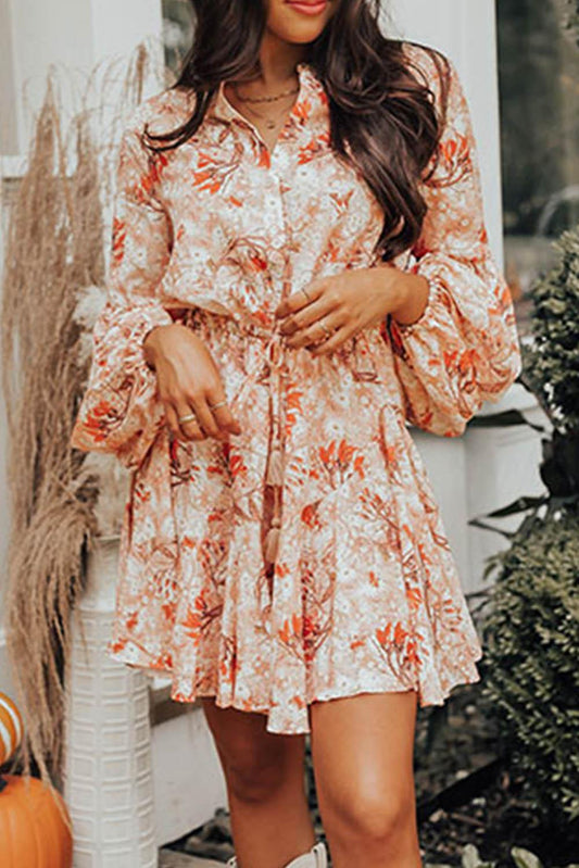 Orange Bubble Sleeve Cinched Waist Floral Dress - L & M Kee, LLC