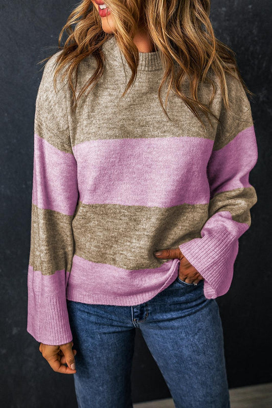 Rose Stripe Crew Neck Wide Sleeve Colorblock Sweater - L & M Kee, LLC