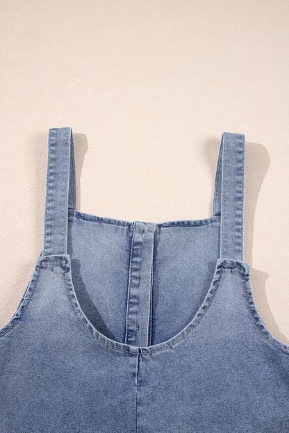 Stone Blue Washed Denim Half Buttons Patched Pocket Wide Leg Overalls