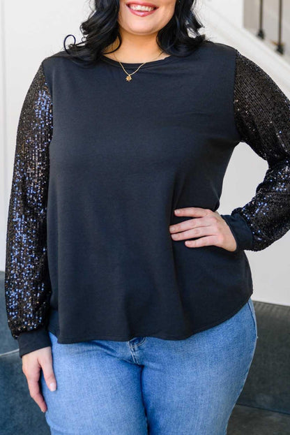 Sequin Contrast Long Sleeve Plus Size Top - L & M Kee, LLC