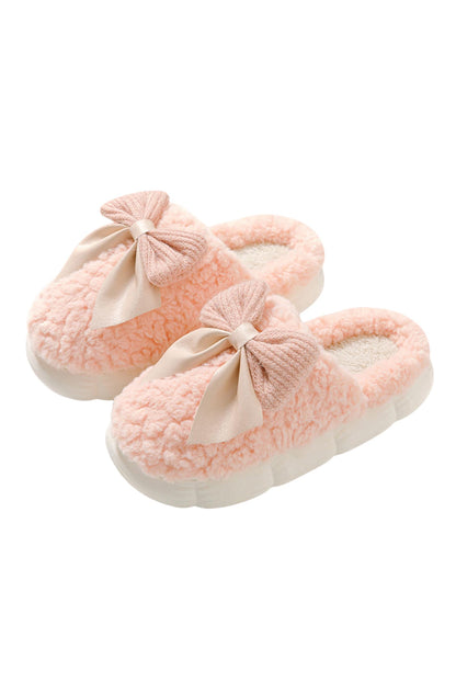 White Contrast Bowknot Applique Plush Winter Slippers