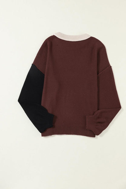 Coffee Colorblock Bishop Sleeve Ribbed Trim Sweater - L & M Kee, LLC