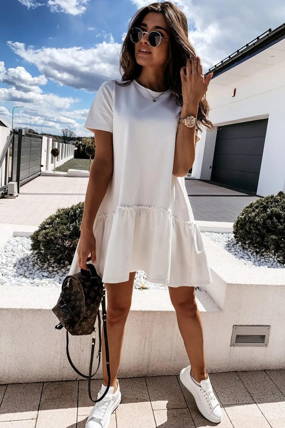 White Frilly Splicing Hem Short Sleeve Casual Dress - L & M Kee, LLC