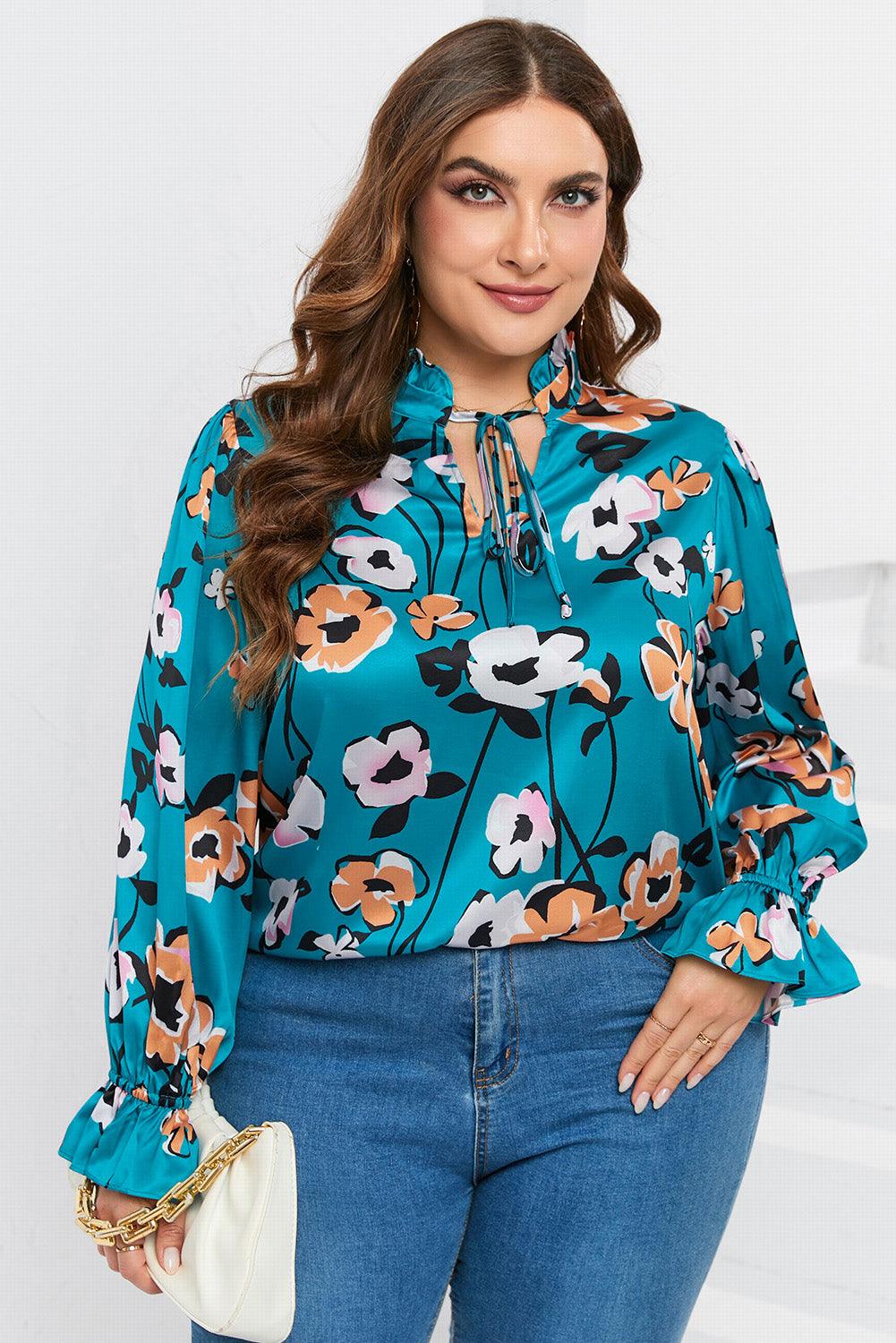 Sky Blue Floral Print V Neck Plus Size Blouse - L & M Kee, LLC