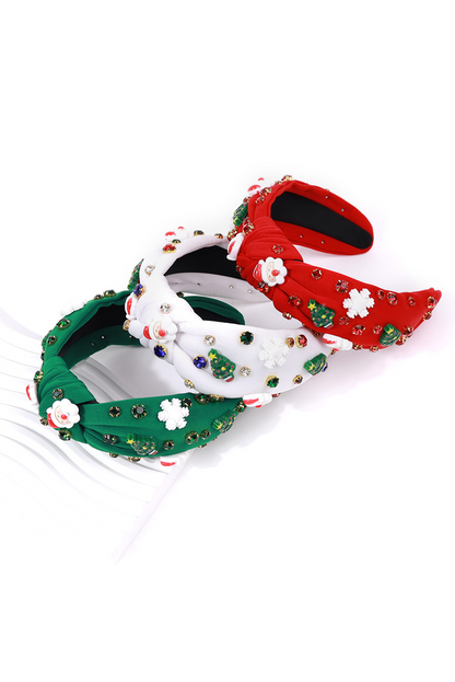 Fiery Red Cartoon Christmas Pattern Rhinestone Knotted Headband