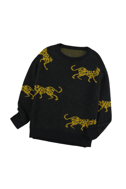 Black Cheetah Pattern Knit Round Neck Sweater - L & M Kee, LLC