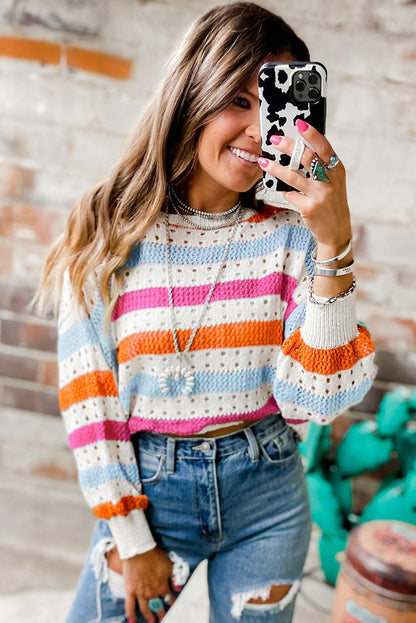 Multicolor Striped Hollowed Knitted Loose Sweater - L & M Kee, LLC