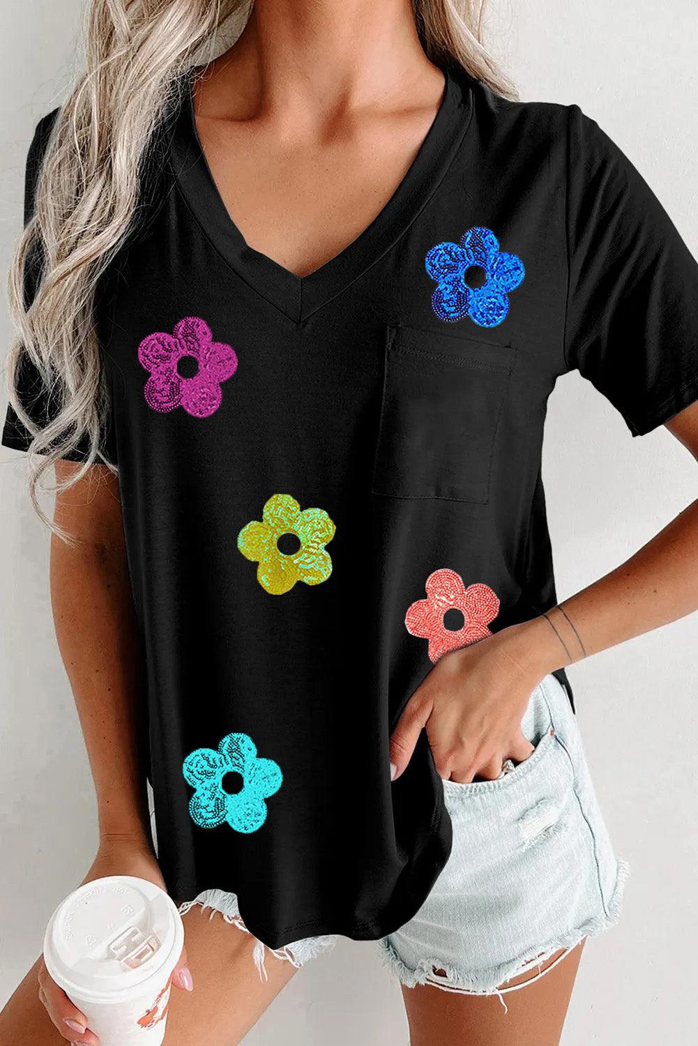 Black Sequined Flower Pocketed V Neck T Shirt - L & M Kee, LLC