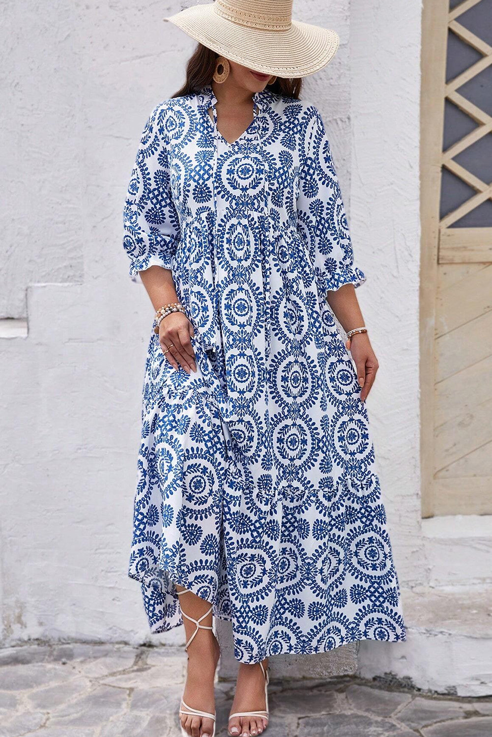 Sky Blue Geometric Print Lace-up Notch Neck Plus Size Maxi Dress