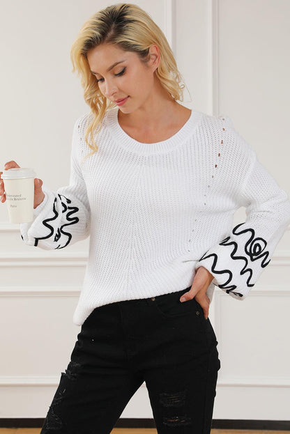 White Abstract Crochet Bubble Sleeve Loose Sweater - L & M Kee, LLC