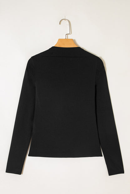Black Crisscross Boat Neck Long Sleeve Slim Top